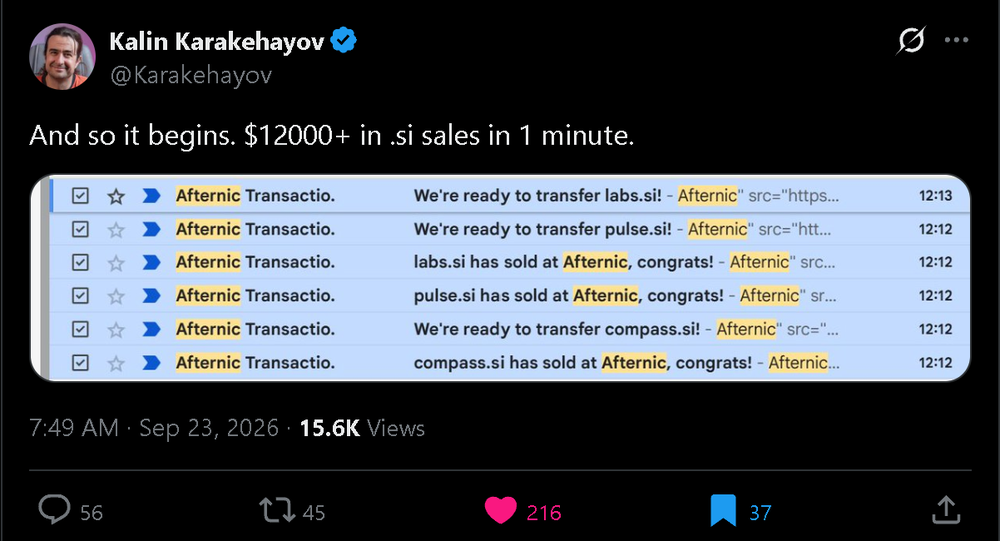 Kalin Karakehayov on Sept. 23, 2026: $12,000+ in .si sales in one minute