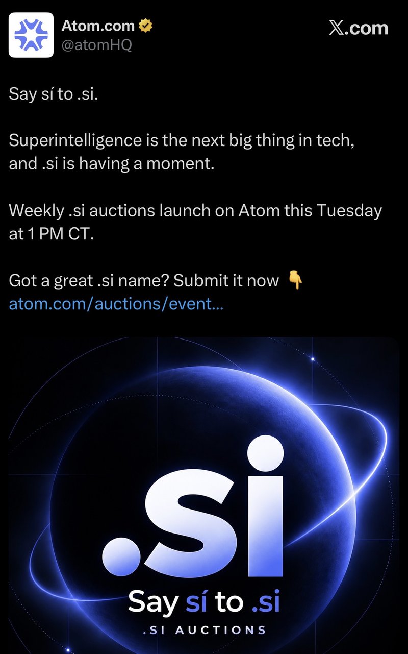 Atom announces weekly .si auctions starting Tuesday, Oct. 6, 2026, at 1 PM CT
