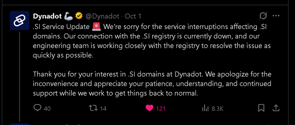 Dynadot's Oct. 1, 2026, service update: its connection with the .si registry was down