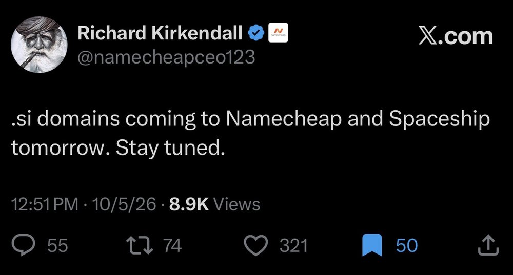 Namecheap CEO Richard Kirkendall on Oct. 5, 2026: .si domains coming to Namecheap and Spaceship tomorrow
